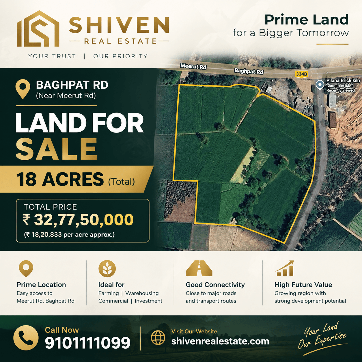 18 acre agricultural land for sale on Baghpat Road, Pilana, Baghpat, Uttar Pradesh